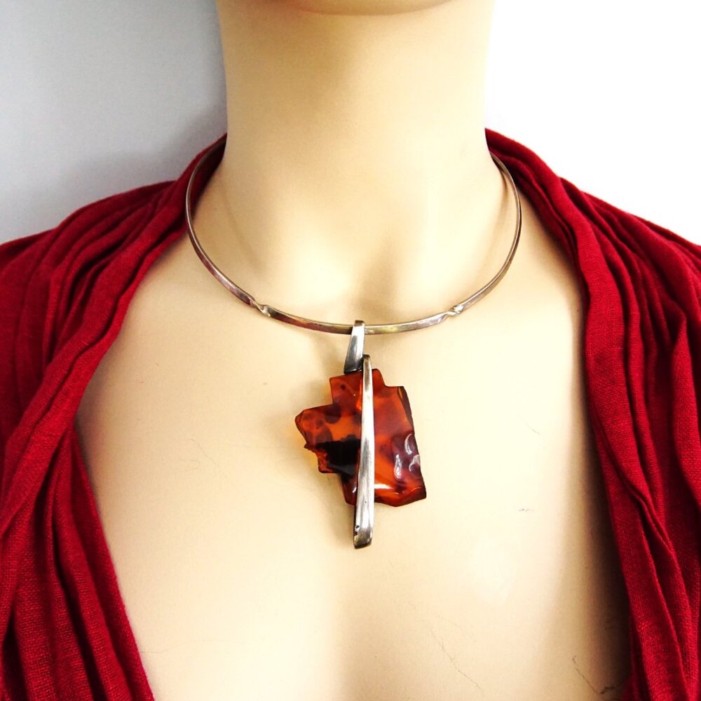 Modernist Freeform Amber Pendant With 925 Sterling Silver Omega Wire - Rare Gift